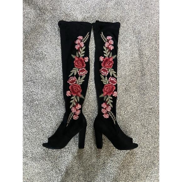 Women's Charlotte Russe Open Toe Knee High Floral Booties Black Suede Size 7 - Picture 1 of 6
